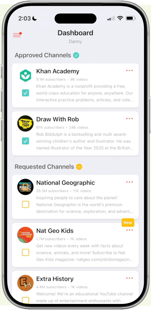 Parent approving a channel from the Dashboard